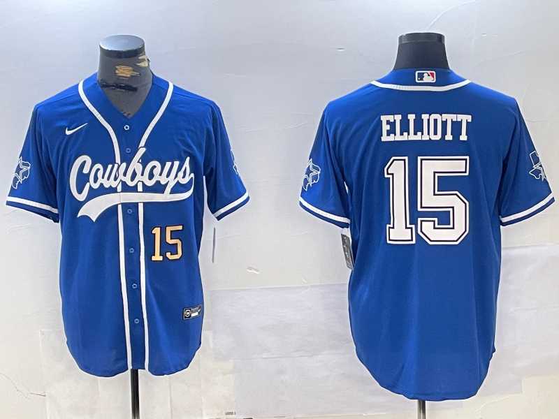 Mens Dallas Cowboys #15 Ezekiel Elliott Light Blue Cool Base Stitched Baseball Jerseys